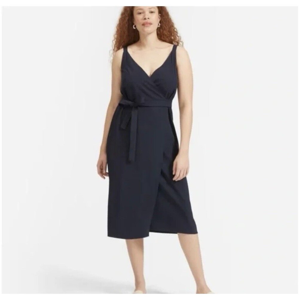 Everlane Japanese Go Weave Wrap Tie Dress Navy Blue Size 2 Sleeveless V-Neck